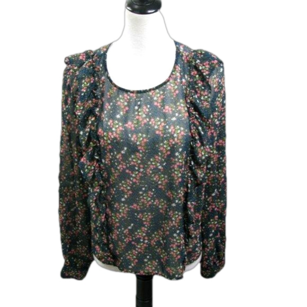 Vylette Semi-Sheer Floral Ruffle Blouse Size Large